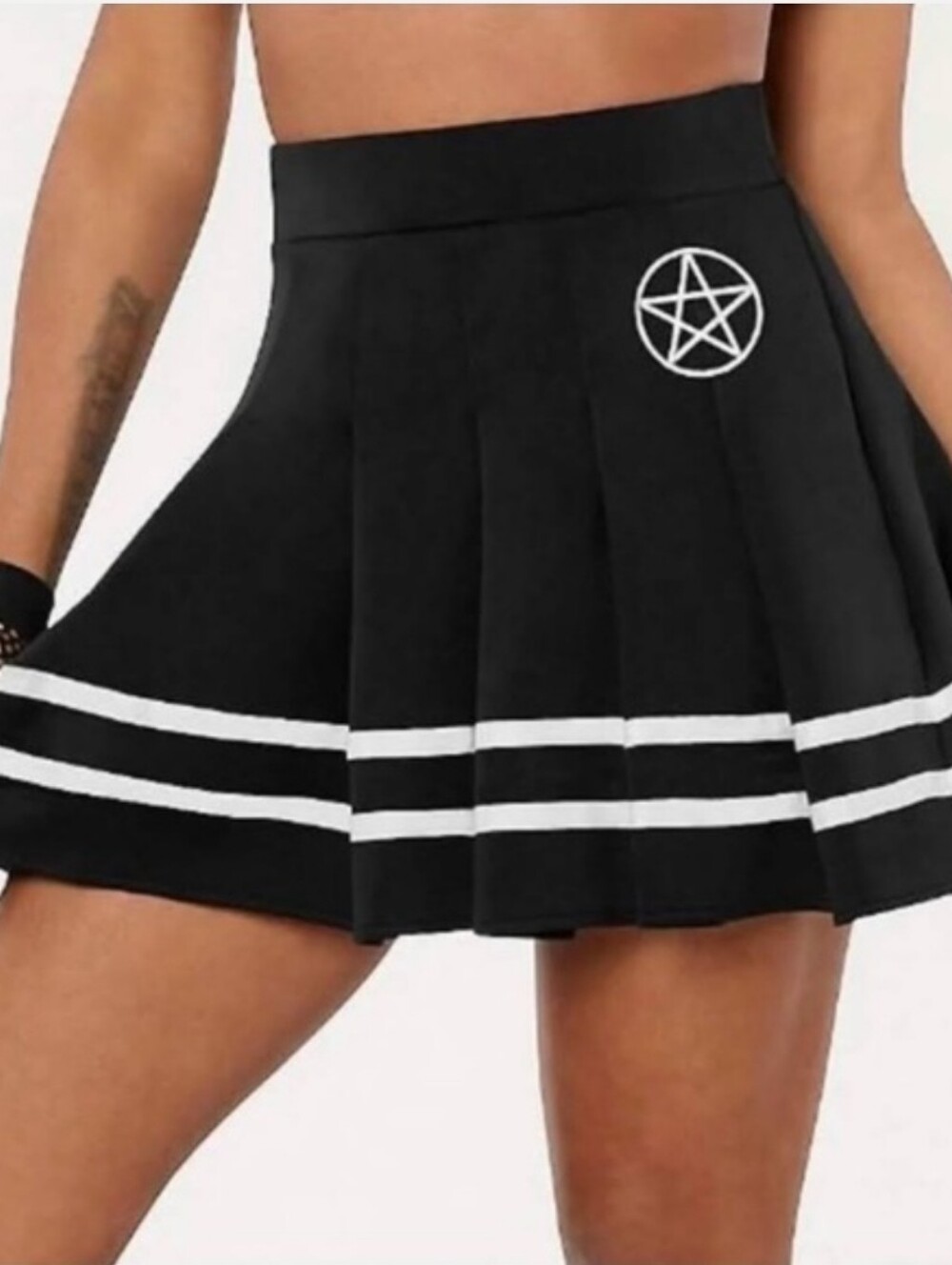 Black Pleated Mini Skirt W/ White Stripes & Star Emblem Patch Goth Whimsigoth SM